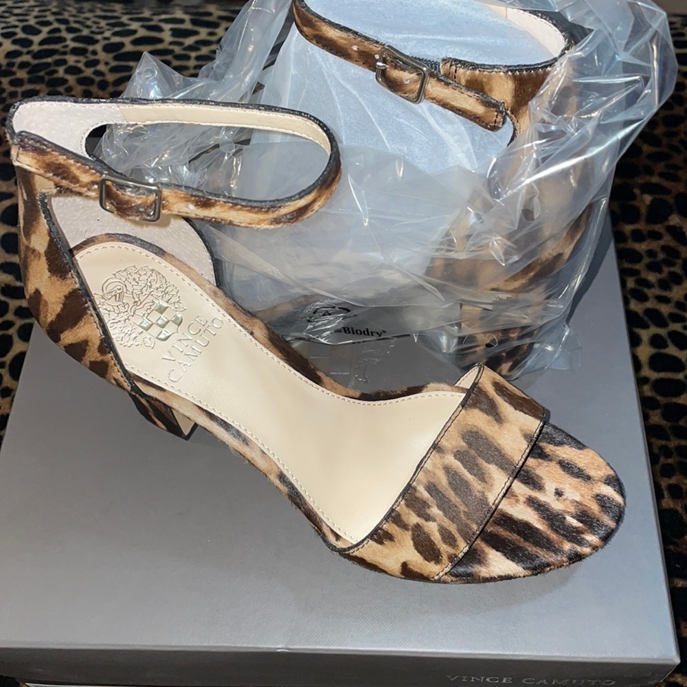 Vince Camuto animal print furry thick heel, one strap across toes, around ankle.